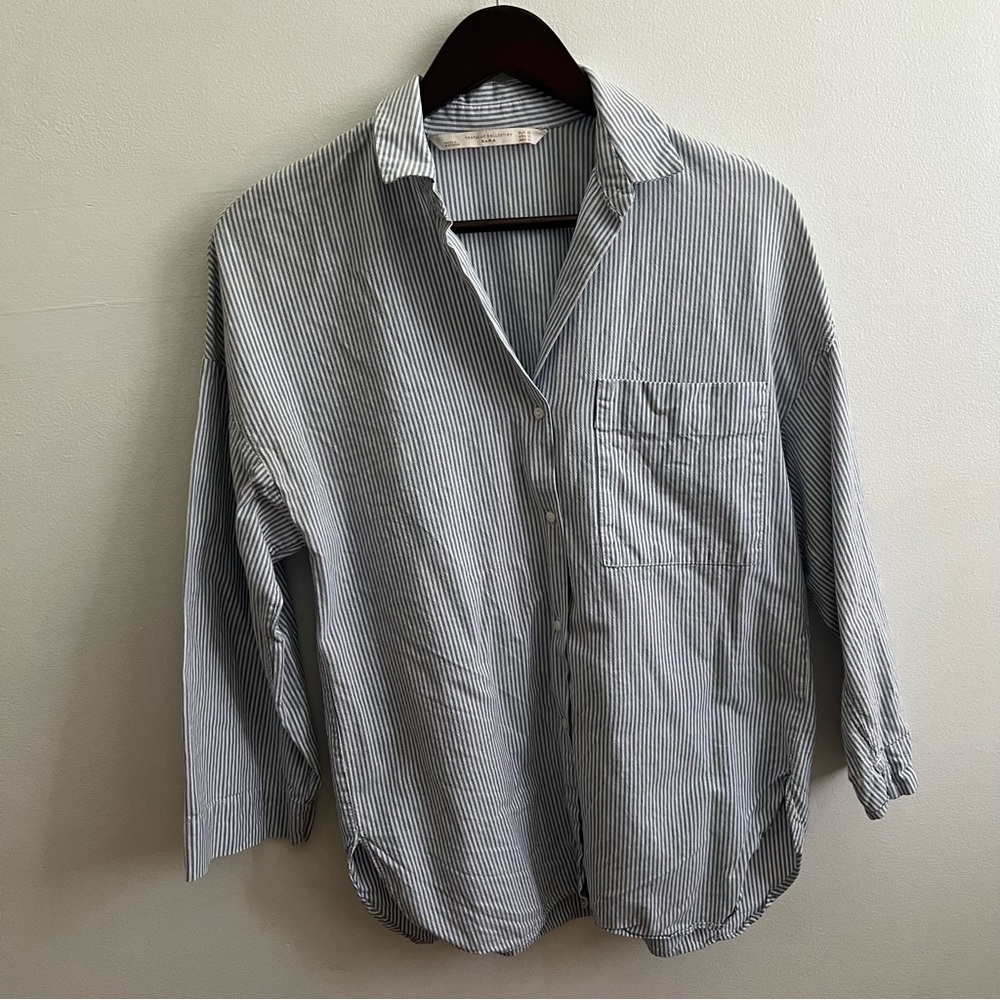Blue and White Striped Cotton Button-Up Shirt